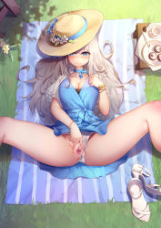Rule 34 | 1girl, absurdres, anus, bad id, bad pixiv id, barefoot, blonde hair, blue dress, blue eyes, blush, bracelet, breasts, censored, cleavage, clothing aside, cupcake, day, dress, food, unworn footwear, from above, grass, hair ornament, hat, high heels, highres, jewelry, lexington (warship girls r), long hair, looking at viewer, lying, male hand, medium breasts, mosaic censoring, on back, outdoors, panties, panties aside, picnic, pov, presenting, pussy, ray (pixiv9514208), shoes, unworn shoes, smile, solo, spread legs, spread pussy, straw hat, underwear, very long hair, warship girls r, white footwear