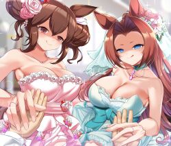 Rule 34 | 2girls, :p, absurdres, blue eyes, blurry, blurry background, blush, breasts, bridal veil, brown eyes, brown hair, cleavage, closed mouth, commentary request, commission, dress, flower, hair flower, hair ornament, heart, heart-shaped pupils, highres, hishi akebono (taking the first bite) (umamusume), hishi akebono (umamusume), jewelry, kawakami princess (bride-to-be!!) (umamusume), kawakami princess (umamusume), large breasts, maou (maoudaisukiya), multiple girls, necklace, open mouth, pixiv commission, pov, pov hands, ring, smile, symbol-shaped pupils, tongue, tongue out, umamusume, veil, wedding, wedding dress, wedding ring, you gonna get raped