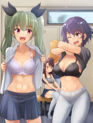 Rule 34 | 4girls, amaretto (girls und panzer), anchovy (girls und panzer), black bra, black hair, black panties, black ribbon, black skirt, blonde hair, bra, breasts, brown hair, carpaccio (girls und panzer), cleavage, clothes lift, collarbone, commission, girls und panzer, green hair, hair ribbon, highres, kitayama miuki, lace, lace bra, large breasts, locker, locker room, long hair, looking at another, multiple girls, navel, one eye closed, open mouth, panties, panties under pantyhose, pantyhose, pepperoni (girls und panzer), pleated skirt, red eyes, ribbon, shirt lift, short hair, sitting, skeb commission, skirt, teeth, twintails, underwear, undressing, upper teeth only, white bra, white panties