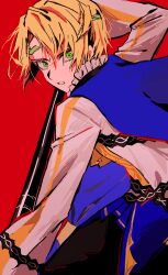 Rule 34 | 1boy, absurdres, alfred (fire emblem), blonde hair, blue cape, cape, fire emblem, fire emblem engage, from side, green eyes, highres, holding, holding polearm, holding weapon, long sleeves, looking at viewer, male focus, nintendo, polearm, red background, rotsugame, shirt, short hair, solo, weapon, white shirt