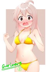 1girl @_@ absurdres ahoge artist_name bikini blush border breasts brown_eyes commentary_request cowboy_shot grey_background guriver3 hair_between_eyes highres long_hair navel nose_blush onii-chan_wa_oshimai! open_mouth outside_border oyama_mahiro pink_hair small_breasts solo swimsuit two-tone_background wavy_mouth white_border yellow_bikini