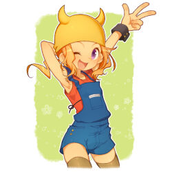 Rule 34 | 1girl, arm behind head, arm up, blue overalls, border, brown hair, brown thighhighs, eyelashes, fake horns, horned headwear, horns, kiri futoshi, looking at viewer, one eye closed, open mouth, overall shorts, overalls, pop&#039;n music, purple eyes, red shirt, shirt, solo, sunny (pop&#039;n), thighhighs, v, white border, yellow headwear