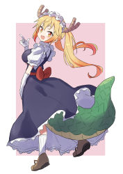 Rule 34 | 1girl, absurdres, blonde hair, bow, brown footwear, colored tips, dragon girl, dragon horns, dragon tail, dress, fang, finger gun, from side, full body, gazacy (dai), gloves, green tail, highres, horns, kobayashi-san chi no maidragon, long hair, looking at viewer, looking to the side, maid, maid headdress, multicolored hair, open mouth, orange eyes, orange hair, pinafore dress, pointing, red bow, shoes, simple background, sleeveless dress, socks, solo, tail, tohru (maidragon), twintails, waist bow, white background, white gloves