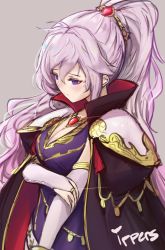 Rule 34 | 1girl, blush, breasts, cape, cleavage, dress, earrings, elbow gloves, embarrassed, fire emblem, fire emblem: genealogy of the holy war, fire emblem heroes, gloves, highres, ippers, ishtar (fire emblem), jewelry, large breasts, long hair, nintendo, ponytail, purple eyes, side ponytail, silver hair, solo