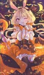 Rule 34 | 1girl, absurdres, animal ears, azur lane, bad id, bad pixiv id, benson (azur lane), benson (cutie pumpkin pie) (azur lane), blonde hair, chromatic aberration, fake animal ears, halloween, highres, holding, holding wand, huge filesize, jack-o&#039;-lantern, long hair, looking to the side, official alternate costume, open mouth, orange eyes, pointing, pointing at self, rabbit ears, solo, wand, wine (2148 wine)