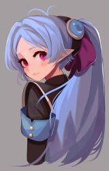 Rule 34 | 1girl, armband, black shirt, blue armband, blue hair, bow, closed mouth, dungeon and fighter, from behind, grey background, hair bow, highres, hwaryeok, long hair, looking at viewer, looking back, niu (dungeon and fighter), pointy ears, ponytail, purple bow, purple eyes, shirt, solo, upper body