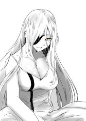 1girl alchemist_(girls&#039;_frontline) breasts collarbone eyepatch girls&#039;_frontline greyscale highres large_breasts long_hair looking_at_viewer monochrome reizo_ne sangvis_ferri shirt solo white_background white_hair white_shirt yellow_eyes