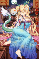 Rule 34 | 1girl, alternate breast size, architecture, barefoot, bed, blonde hair, blue dress, breasts, chinese clothes, chinese zodiac, cleavage, date a live, dragon, dragon horns, dragon tail, dress, east asian architecture, eastern dragon, firework background, fireworks, fish, flower, full body, full moon, hair flower, hair ornament, highres, horns, hoshimiya mukuro, lantern, long hair, looking at viewer, moon, paper lantern, pillow, pointy ears, reed diffuser, round window, table, tail, tsubasaki, very long hair, window, year of the dragon, yellow eyes