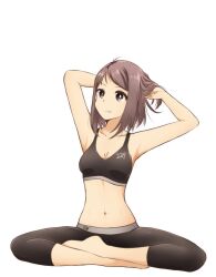 1girl 22/7 barefoot black_pants black_sports_bra closed_mouth collarbone full_body gabrieltenma77 hands_in_own_hair indian_style light_smile looking_to_the_side navel pants simple_background sitting solo sports_bra tight_clothes tight_pants white_background yoga_pants