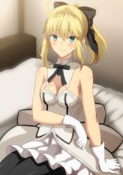 Rule 34 | 1girl, ahoge, artoria pendragon (all), artoria pendragon (fate), black bow, black pantyhose, black ribbon, blonde hair, blush, bow, breasts, cleavage, closed mouth, detached collar, dress, fate/unlimited codes, fate (series), gloves, green eyes, hair between eyes, hair bow, hara (harayutaka), highres, long hair, neck ribbon, on bed, pantyhose, ponytail, ribbon, saber lily, sidelocks, sitting, small breasts, smile, solo, thighs, white dress, white gloves