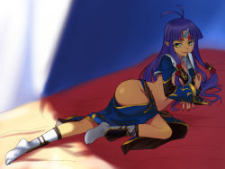 Rule 34 | 1girl, :p, ahoge, ass, banpresto, bell, blue hair, blunt bangs, flat chest, full body, hair bell, hair ornament, hand fan, hip vent, horns, long hair, lying, michael f91, on side, pointy ears, shadow, shin guards, single horn, socks, solo, super robot wars, super robot wars og saga mugen no frontier, super robot wars og saga mugen no frontier exceed, suzuka hime, tabi, tongue, tongue out, v-shaped eyebrows, white socks, yellow eyes