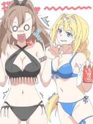 2girls : :o alice_zuberg bare_legs bare_shoulders black_one-piece_swimsuit blonde_hair blue_one-piece_swimsuit blush braid breasts brown_hair bwave968 cleavage colored_skin eydis_(sao) hair_ornament large_breasts long_hair looking_at_another multiple_girls navel one-piece_swimsuit ponytail red_eyes ribbon signature sitting smile surprised swimsuit sword_art_online sword_art_online:_alicization tattoo white_background white_skin