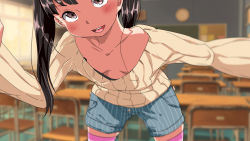 Rule 34 | 1girl, black hair, blurry, breasts, cleavage, collarbone, depth of field, downblouse, foreshortening, highres, long hair, looking at viewer, original, pink thighhighs, pov, ribbed sweater, shorts, side ponytail, small breasts, smile, solo, sweater, thighhighs, yac (mokkori), zettai ryouiki