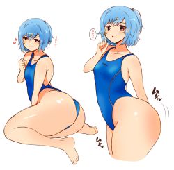 Rule 34 | 1girl, ass, blue hair, blue one-piece swimsuit, breasts, competition swimsuit, feet, female focus, heart, highres, huge ass, looking at viewer, multiple views, one-piece swimsuit, open mouth, original, rui futaoka, side ponytail, small breasts, swept bangs, swimsuit, teruwo, thick thighs, thighs