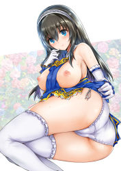 Rule 34 | 10s, 1girl, ass, black hair, blue eyes, blush, breasts, breasts out, cameltoe, clothes lift, flower, frilled thighhighs, frills, gloves, hairband, highres, idolmaster, idolmaster cinderella girls, large breasts, long hair, looking at viewer, maruwa tarou, nipples, rose, sagisawa fumika, skirt, skirt lift, sweat, thighhighs, trefoil