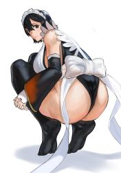 Rule 34 | 1girl, absurdres, ass, ass focus, back, black hair, black leotard, black thighhighs, breasts, cicada (nnakqr5n6q9p2ht), detached sleeves, fetal position, from behind, full body, highres, huge ass, huge breasts, iroha (samurai spirits), large breasts, leotard, leotard under clothes, lips, looking at viewer, looking back, maid, maid headdress, revision, samurai spirits, shiny clothes, shiny skin, short hair, sideboob, simple background, skindentation, smile, soles, solo, thick thighs, thighhighs, thighs, thong leotard, tiptoes, wedgie, white background, wide hips