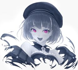 Rule 34 | 1girl, beret, blush, commentary, detached collar, dress, fate/grand order, fate (series), greyscale, hat, helena blavatsky (fate), highres, imizu (nitro unknown), limited palette, looking at viewer, monochrome, open mouth, short hair, simple background, smile, solo, strapless, strapless dress, teeth, unfinished, upper body, white background