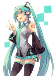 Rule 34 | 1girl, :p, \m/, aqua eyes, aqua hair, detached sleeves, fu-ta, hatsune miku, headphones, long hair, looking at viewer, nail polish, necktie, simple background, skirt, solo, tattoo, thighhighs, tongue, tongue out, twintails, very long hair, vocaloid, white background, zettai ryouiki