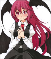 Rule 34 | 1girl, bad id, bad pixiv id, bat wings, blush, dress shirt, head tilt, head wings, juliet sleeves, koakuma, long hair, long sleeves, looking at viewer, low wings, marker (medium), necktie, own hands together, puffy sleeves, red eyes, red hair, red necktie, shikishi, shirt, simple background, skirt, skirt set, smile, solo, touhou, traditional media, tsukishiro saika, vest, white background, white shirt, wings
