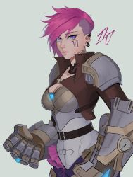 Rule 34 | 1girl, absurdres, armor, belt, breasts, cleavage, clenched hands, closed mouth, collarbone, commentary, copyright name, cowboy shot, ear piercing, english commentary, forehead, gauntlets, glowing, highres, kkujim, league of legends, looking at viewer, mechanical arms, medium breasts, nose piercing, piercing, pink hair, pointy nose, purple eyes, short hair, shoulder armor, simple background, solo, v-shaped eyebrows, vi (league of legends)