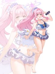 Rule 34 | 1girl, absurdres, bare arms, bare legs, bare shoulders, barefoot, bikini, blue archive, blush, breasts, cleavage, flower, frilled bikini, frills, hair flower, hair ornament, halo, highres, hinaumma, large breasts, long hair, mika (blue archive), navel, open mouth, pink hair, pink halo, ponytail, purple flower, purple scrunchie, scrunchie, simple background, smile, solo, swimsuit, white background, white bikini, wrist scrunchie, yellow eyes, zoom layer
