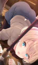 Rule 34 | 1girl, 1other, :o, ass, black skirt, blonde hair, blue eyes, blush, breasts, broken, broken plate, broom, brown footwear, brown pants, brown shirt, clenched hand, commentary request, dot nose, dutch angle, furrowed brow, highres, komone ushio, looking at viewer, multicolored hair, neckerchief, open mouth, original, pants, pantyhose, pencil skirt, pink hair, plate, red neckerchief, shirt, short hair, skirt, small breasts, solo focus, streaked hair, tile floor, tiles, top-down bottom-up, very short hair