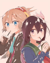 Rule 34 | 10s, 2girls, blue eyes, blue jacket, brown eyes, brown hair, coffee cup, crescent, crescent pin, cup, disposable cup, drink, drinking, drinking straw, green necktie, hair ornament, hair ribbon, iced coffee, itomugi-kun, jacket, kantai collection, kazagumo (kancolle), kisaragi (kancolle), long hair, multiple girls, neckerchief, necktie, ponytail, red neckerchief, remodel (kantai collection), ribbon, school uniform, serafuku