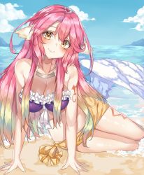 Rule 34 | 1girl, absurdres, angel wings, arm support, beach, bikini, breasts, closed mouth, commentary, day, feathered wings, gradient hair, highres, jibril (no game no life), kanniiepan, large breasts, long hair, looking at viewer, low wings, multicolored hair, no game no life, ocean, pink hair, purple bikini, sarong, sitting, smile, solo, swimsuit, tattoo, very long hair, water, white wings, wing ears, wings, yellow eyes