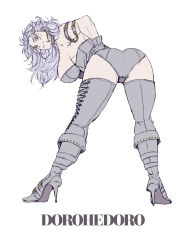 Rule 34 | 1girl, absurdres, ass, blonde hair, bra, breasts, dorohedoro, earrings, garter belt, gloves, high heels, highres, jewelry, large breasts, lingerie, long hair, looking at viewer, muscular, muscular female, negligee, noi (dorohedoro), panties, red eyes, sanso 74, simple background, smile, solo, underwear, underwear only