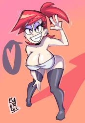 Rule 34 | 1girl, bare shoulders, bell 1609, breasts, earrings, foster&#039;s home for imaginary friends, frankie foster, hair ornament, hairclip, highres, jewelry, medium breasts, ponytail, red hair, simple background, smile, thighhighs, thighs