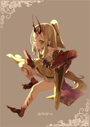 Rule 34 | 1girl, barefoot, blonde hair, chocolate, claws, commentary, earrings, facial mark, fate/grand order, fate (series), fingernails, horns, ibaraki douji (fate), japanese clothes, jewelry, kimono, long fingernails, long hair, looking at viewer, one eye closed, oni, oni horns, pointy ears, ponytail, sharp fingernails, sharp toenails, sidelocks, simple background, solo, tattoo, toenails, yellow eyes, yuuzii