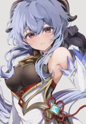 Rule 34 | 1girl, bare shoulders, bell, black gloves, blue hair, blush, breasts, chinese knot, detached sleeves, flower knot, ganyu (genshin impact), genshin impact, gloves, hasetsu (hasss0113), highres, horns, long hair, looking at viewer, medium breasts, neck bell, parted lips, purple eyes, sidelocks, solo, upper body, vision (genshin impact), white sleeves