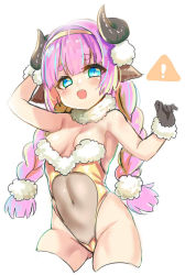 Rule 34 | 1girl, :d, animal ears, arm behind head, arm up, bare shoulders, black gloves, blue hair, blush, braid, breasts, brown hairband, covered navel, curled horns, fur-trimmed gloves, fur-trimmed leotard, fur trim, gloves, gluteal fold, groin, hairband, hand up, horns, long hair, looking at viewer, medium breasts, multicolored hair, open mouth, original, pink hair, sheep ears, sheep horns, short eyebrows, sign, simple background, smile, solo, streaked hair, teeth, thick eyebrows, thighhighs, twin braids, twintails, unname, upper teeth only, very long hair, warning sign, white background, white thighhighs