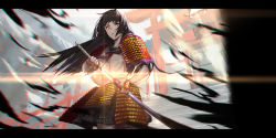 Rule 34 | 1girl, absurdres, ahoge, armor, black hair, black skirt, blue eyes, blush, closed mouth, cowboy shot, faulds, glowing, glowing sword, glowing weapon, highres, holding, holding sword, holding weapon, japanese armor, katana, letterboxed, lips, long hair, looking at viewer, motion blur, navel, neckerchief, original, outdoors, pauldrons, pleated skirt, purple neckerchief, rolua, sheath, shirt, short sleeves, shoulder armor, skirt, solo, stairs, standing, straight hair, sword, torii, unsheathing, very long hair, weapon, white shirt, wrist guards