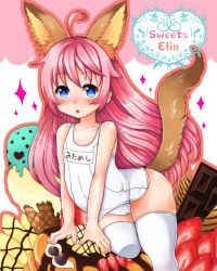 Rule 34 | 1girl, ahoge, animal ears, bad id, bad pixiv id, blue eyes, blush, cake, cameltoe, candy, chocolate, chocolate bar, dog ears, elin, food, fruit, highres, ice cream, ice cream cone, long hair, one-piece swimsuit, pink hair, school swimsuit, sitting, solo, strawberry, sweets, swimsuit, tail, tera online, thighhighs, wafer stick, white school swimsuit, white one-piece swimsuit