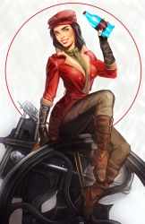 Rule 34 | 1girl, bad id, bad tumblr id, black hair, boots, brown eyes, cabbie hat, coat, crystal graziano, fallout (series), fallout 4, fingerless gloves, full body, gloves, hat, highres, lipstick, makeup, nuka cola, nuka cola quantum, piper wright, scarf, smile, solo