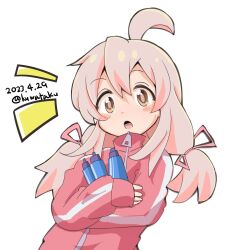 Rule 34 | 1girl, antenna hair, bottle, bow, grey hair, hair bow, highres, holding, holding bottle, kuwata, multiple hair bows, onii-chan wa oshimai!, open mouth, oyama mahiro, pig tail, tail, track suit, water bottle, watermark, white background, zipper