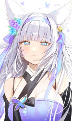 Rule 34 | 1girl, animal ear fluff, animal ears, bare shoulders, bell, blue eyes, blue flower, blush, braid, breasts, commentary request, dress, facial mark, flower, grey hair, hair bell, hair flower, hair ornament, hairband, haruri, highres, jingle bell, large breasts, looking at viewer, original, parted lips, purple dress, purple flower, purple hairband, signature, simple background, solo, twin braids, upper body, white background