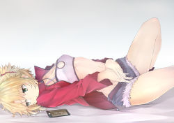 Rule 34 | 1girl, absurdres, blonde hair, blue shorts, bra, breasts, cellphone, cleavage, cleavage cutout, clothing cutout, collarbone, denim, denim shorts, fate/apocrypha, fate (series), green eyes, grey background, hair between eyes, hair ornament, hair scrunchie, highres, jacket, looking away, lying, medium breasts, mordred (fate), mordred (fate/apocrypha), mordred (memories at trifas) (fate), on back, open clothes, open jacket, phone, ponytail, red jacket, red scrunchie, scrunchie, short hair, shorts, smartphone, solo, torn clothes, torn shorts, underwear, white bra