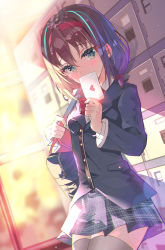 Rule 34 | 1girl, aqua eyes, bag, black jacket, black skirt, blazer, blush, bow, bowtie, bra, breasts, brown hair, commentary request, covering own mouth, grey thighhighs, hair bow, hairband, heart, heart in eye, highres, holding, holding letter, holding strap, indoors, jacket, letter, locker, locker room, long sleeves, looking at viewer, love letter, medium hair, original, plaid, plaid skirt, pleated skirt, red bow, red bowtie, red bra, school bag, school uniform, sho (runatic moon), shoulder bag, sidelocks, skirt, small breasts, solo, standing, symbol in eye, thighhighs, underwear