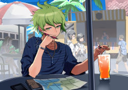 Rule 34 | 3girls, 4boys, amami rantaro, antenna hair, bracelet, collarbone, cup, danganronpa (series), danganronpa v3: killing harmony, drinking glass, drinking straw, earrings, green eyes, green hair, hand on own chin, hand up, highres, jewelry, kuangtai (amami ryoko), male focus, map, multiple boys, multiple girls, necklace, notebook, outdoors, palm tree, pen, people, ring, shirt, short hair, sitting, sleeves pushed up, solo focus, striped clothes, striped shirt, table, thinking, tree