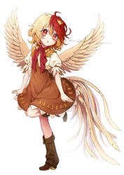 Rule 34 | 1girl, animal, animal on head, bird, blonde hair, blush, boots, brown dress, brown footwear, chick, commentary, dress, feathered wings, full body, hair between eyes, head tilt, highres, kyouda suzuka, leg up, looking at viewer, multicolored hair, niwatari kutaka, on head, parted lips, puffy short sleeves, puffy sleeves, red eyes, red hair, red neckwear, shirt, short dress, short hair, short sleeves, simple background, solo, standing, standing on one leg, touhou, translated, two-tone hair, white background, white shirt, wings, yellow wings