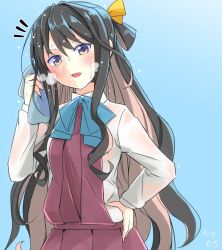 Rule 34 | 10s, 1girl, ^^^, black hair, blue background, blue bow, blue bowtie, blush, bow, bowtie, collared shirt, cowboy shot, dress, eyebrows, fang, hair between eyes, hair ribbon, hand on own hip, holding, kantai collection, long hair, long sleeves, looking at viewer, moti coi, multicolored hair, naganami (kancolle), open mouth, pink dress, pink hair, ribbon, shirt, sidelocks, simple background, solo, sweat, towel, two-tone hair, very long hair, white shirt, yellow eyes, yellow ribbon