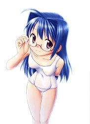 Rule 34 | 1girl, absurdres, ahoge, blue hair, female focus, fumotono mikoto, glasses, highres, long hair, looking at viewer, one-piece swimsuit, original, school swimsuit, simple background, solo, swimsuit, white background