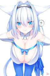 Rule 34 | 1girl, ?, absurdres, animal ear fluff, animal ears, blue eyes, blush, breasts, cat ears, cat girl, cat tail, cleavage, detached collar, dobrynya nikitich (fate), fate/grand order, fate (series), hairband, highres, large breasts, leaning forward, long hair, looking at viewer, low ponytail, solo, tail, thighs, watosu, white hair