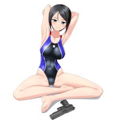 Rule 34 | 1girl, absurdres, armpits, arms behind head, barefoot, black eyes, black hair, black one-piece swimsuit, breasts, chouno ami, commentary request, competition swimsuit, feet, girls und panzer, gun, handgun, highres, indian style, looking at viewer, medium breasts, multicolored clothes, multicolored swimsuit, one-piece swimsuit, presenting armpit, short hair, sig p220/p226, sig sauer, simple background, sitting, solo, swept bangs, swimsuit, takafumi, toes, turtleneck, variant set, weapon, white background