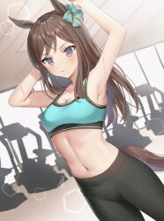 Rule 34 | 1girl, animal ears, armpits, arms up, bare shoulders, black leggings, blush, bow, breasts, brown hair, cleavage, collarbone, commentary request, cowboy shot, dutch angle, ear bow, exercise machine, green sports bra, gym, highres, horse ears, horse girl, horse tail, indoors, leggings, long hair, medium breasts, mejiro dober (umamusume), midriff, navel, oshage (osyage921), parted lips, purple eyes, sidelocks, signature, solo, sports bra, standing, sweat, tail, umamusume