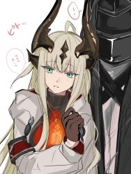 Rule 34 | !, 1girl, 1other, ahoge, arknights, black gloves, black sweater, blue eyes, commentary request, doctor (arknights), gloves, grey hair, highres, horns, long hair, parted lips, reed (arknights), ribbed sweater, soramaru 310, speech bubble, spoken exclamation mark, sweater, translation request, turtleneck, turtleneck sweater, upper body, very long hair