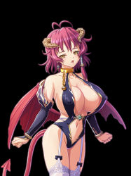 Rule 34 | 10s, 1girl, bare shoulders, blush, breasts, cleavage, covered erect nipples, demon girl, demon tail, demon wings, fang, garter belt, horns, huge breasts, kyonyuu fantasy, kyonyuu fantasy gaiden, navel, official art, red hair, revealing clothes, shamsiel shahar, solo, tail, wings