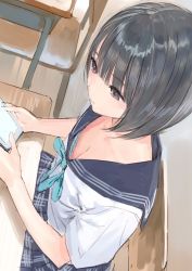 Rule 34 | 1girl, absurdres, black hair, black skirt, blue reflection (series), blue reflection maboroshi ni mau shoujo no ken, blue ribbon, blunt bangs, blush, bra, bra peek, breasts, brown eyes, cellphone, chair, classroom, cleavage, closed mouth, collarbone, commentary request, copyright request, desk, downblouse, from above, green bra, highres, holding, holding phone, indoors, kishida mel, looking at viewer, phone, plaid, plaid skirt, pov, ribbon, school, school desk, school uniform, serafuku, short hair, short sleeves, sitting, skirt, small breasts, smartphone, smile, solo, table, underwear, wooden floor